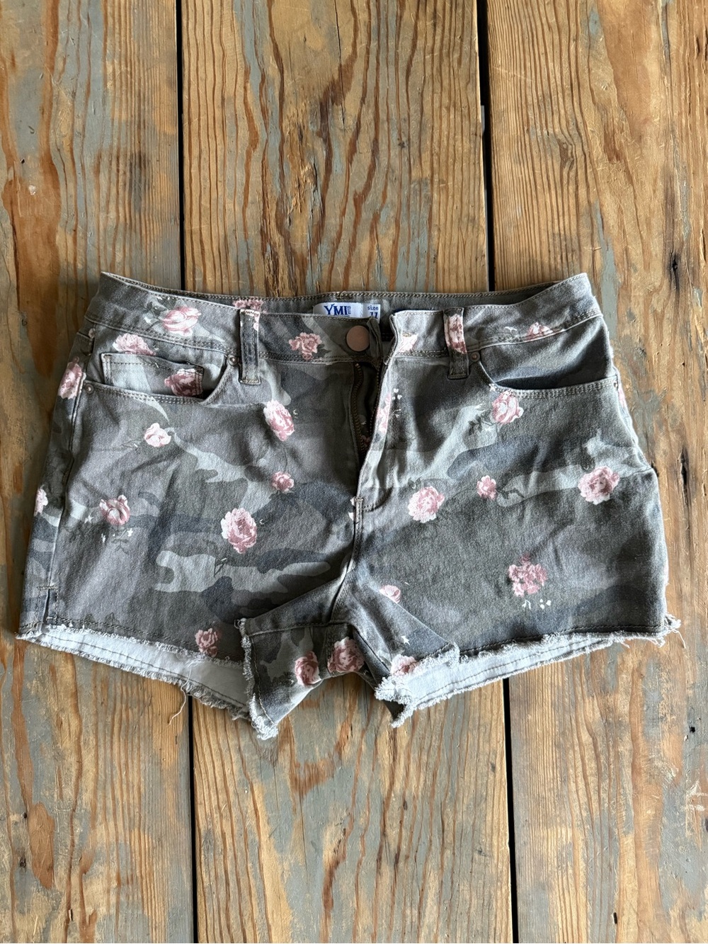 YMI Olive Camo Denim Shorts with Pink Rose Print